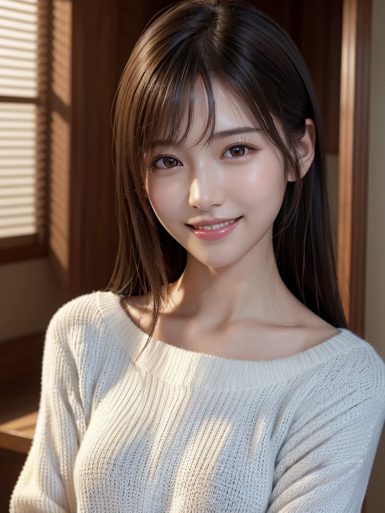 1 Japanese girl,(White sweater:1.4), (RAW Photos, highest quality), (Realistic, Realistic:1.4), Tabletop, Very delicate and beautiful, Very detailed, 8k wallpaper, wonderful, In detail, Very detailedなCG Unity, High resolution, Soft Light, Beautiful details 19 years old, Very detailedな目と顔, Beautiful and sophisticated nose, Beautiful details,Cinema Lighting,Perfect Anatomy,Slender body,smile  (Asymmetrical bangs,)