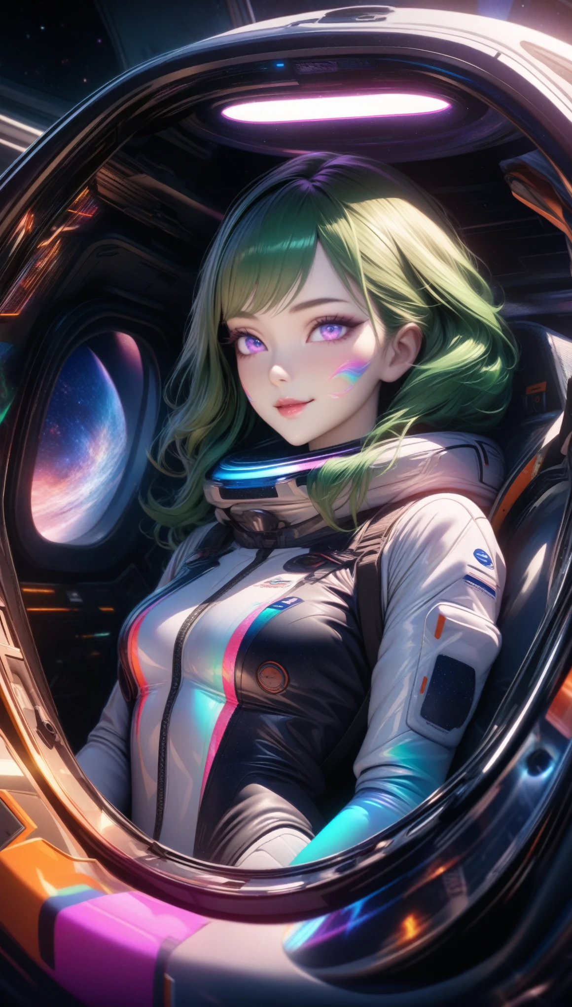 Masterpiece, Best Quality, Super Detailed, High Definition, HDR, Realistic, Depth, Fine Texture, Super Fine, Complete concentration, (very pretty anime girl), a beautiful girl, pale skin, astronaut girl, cute girl, space girl, adorable, (full detailed spacesuit, smooth white spacesuit, space helmet, Reflection space helmet glass, shimmering with lustrous hues matching scheme), hourglass body, long eyelash, colorful makeup, eyeshadows, eyeliner, blonde hair with violet highlight, highly detailed, fine detail, beautiful detailed glow , Cinematic light, high-res, detailed facial features, sharp focus, smooth, aesthetic, colorful mixed with realism, CGI anime artwork, charming, seductive posture, vibrant colors, beautiful detailed eyes, beautiful detailed lips, extremely detailed eyes and face, iridescent emerald eyes, vivid colors, professional, ultra-detailed, intricate details, volumetric lighting, lens flare, particles, sci-fi, galaxy colors schemes, Mysterious, smiling in a confident, gentle smile, sexy, (side glance, wink), digital art, cyber art style, (inside spaceship, space, galaxy), Dynamic Shot