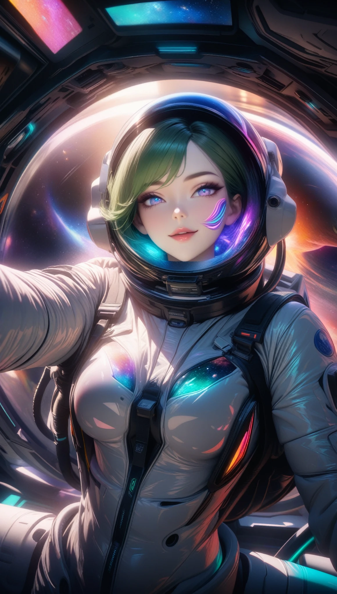 Masterpiece, Best Quality, Super Detailed, High Definition, HDR, Realistic, Depth, Fine Texture, Super Fine, Complete concentration, (very pretty anime girl), a beautiful girl, pale skin, astronaut girl, cute girl, space girl, adorable, (full detailed spacesuit, smooth white spacesuit, space helmet, Reflection space helmet glass, shimmering with lustrous hues matching scheme), hourglass body, long eyelash, colorful makeup, eyeshadows, eyeliner, blonde hair with violet highlight, highly detailed, fine detail, beautiful detailed glow , Cinematic light, high-res, detailed facial features, sharp focus, smooth, aesthetic, colorful mixed with realism, CGI anime artwork, charming, seductive posture, vibrant colors, beautiful detailed eyes, beautiful detailed lips, extremely detailed eyes and face, iridescent emerald eyes, vivid colors, professional, ultra-detailed, intricate details, volumetric lighting, lens flare, particles, sci-fi, galaxy colors schemes, Mysterious, smiling in a confident, gentle smile, sexy, (side glance, wink), digital art, cyber art style, (inside spaceship, space, galaxy), Dynamic Shot