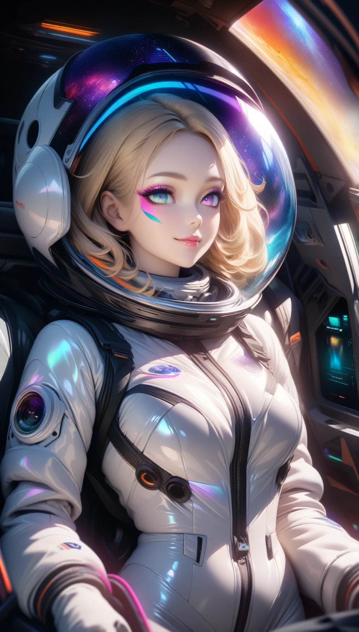 Masterpiece, Best Quality, Super Detailed, High Definition, HDR, Realistic, Depth, Fine Texture, Super Fine, Complete concentration, (very pretty anime girl), a beautiful girl, pale skin, astronaut girl, cute girl, space girl, adorable, (full detailed spacesuit, smooth white spacesuit, space helmet, Reflection space helmet glass, shimmering with lustrous hues matching scheme), hourglass body, long eyelash, colorful makeup, eyeshadows, eyeliner, blonde hair with violet highlight, highly detailed, fine detail, beautiful detailed glow , Cinematic light, high-res, detailed facial features, sharp focus, smooth, aesthetic, colorful mixed with realism, CGI anime artwork, charming, seductive posture, vibrant colors, beautiful detailed eyes, beautiful detailed lips, extremely detailed eyes and face, iridescent emerald eyes, vivid colors, professional, ultra-detailed, intricate details, volumetric lighting, lens flare, particles, sci-fi, galaxy colors schemes, Mysterious, smiling in a confident, gentle smile, sexy, (side glance, wink), digital art, cyber art style, (inside spaceship, space, galaxy), Dynamic Shot