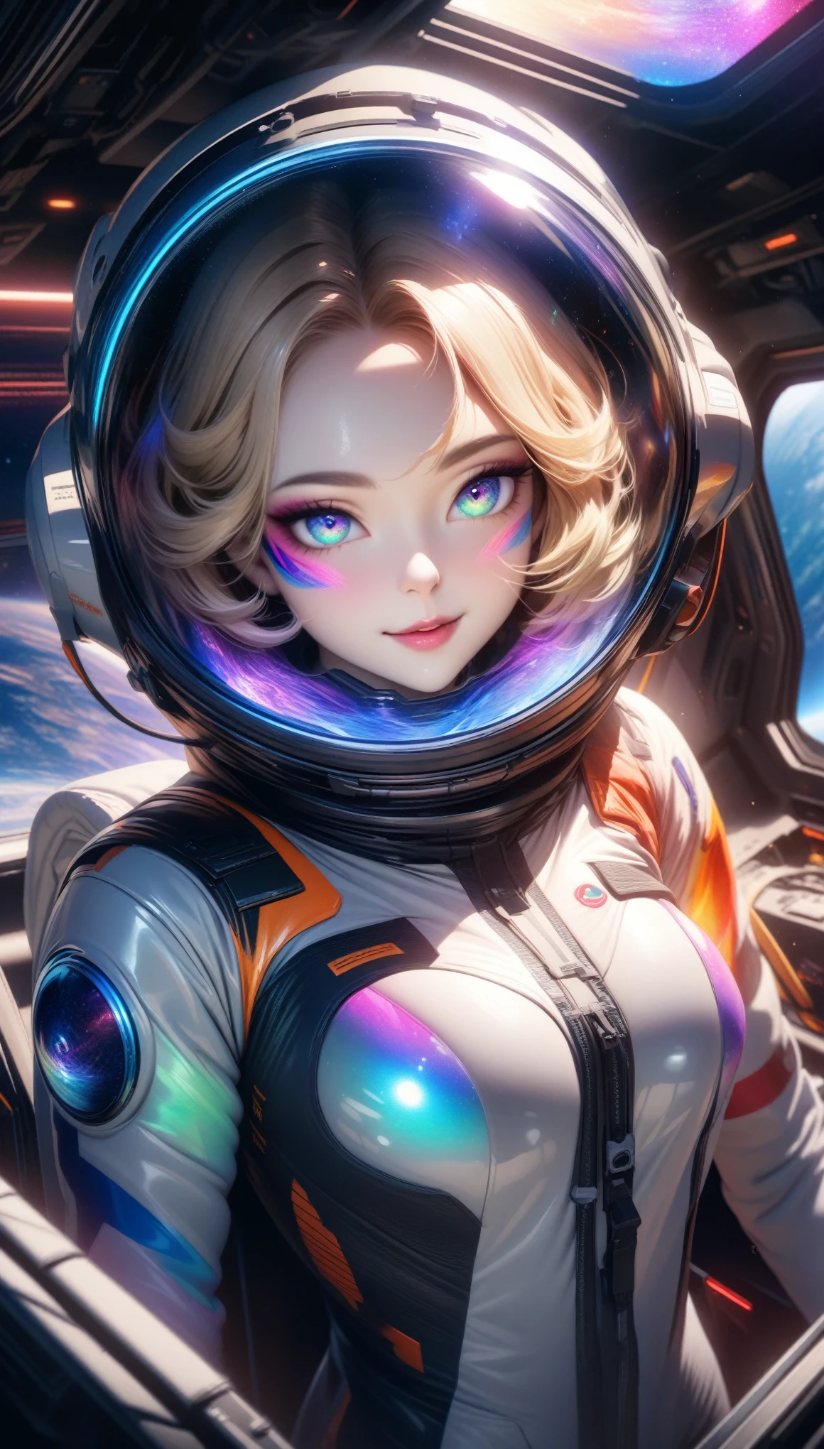 Masterpiece, Best Quality, Super Detailed, High Definition, HDR, Realistic, Depth, Fine Texture, Super Fine, Complete concentration, (very pretty anime girl), a beautiful girl, pale skin, astronaut girl, cute girl, space girl, adorable, (full detailed spacesuit, smooth white spacesuit, space helmet, Reflection space helmet glass, shimmering with lustrous hues matching scheme), hourglass body, long eyelash, colorful makeup, eyeshadows, eyeliner, blonde hair with violet highlight, highly detailed, fine detail, beautiful detailed glow , Cinematic light, high-res, detailed facial features, sharp focus, smooth, aesthetic, colorful mixed with realism, CGI anime artwork, charming, seductive posture, vibrant colors, beautiful detailed eyes, beautiful detailed lips, extremely detailed eyes and face, iridescent emerald eyes, vivid colors, professional, ultra-detailed, intricate details, volumetric lighting, lens flare, particles, sci-fi, galaxy colors schemes, Mysterious, smiling in a confident, gentle smile, sexy, (side glance, wink), digital art, cyber art style, (inside spaceship, space, galaxy), Dynamic Shot