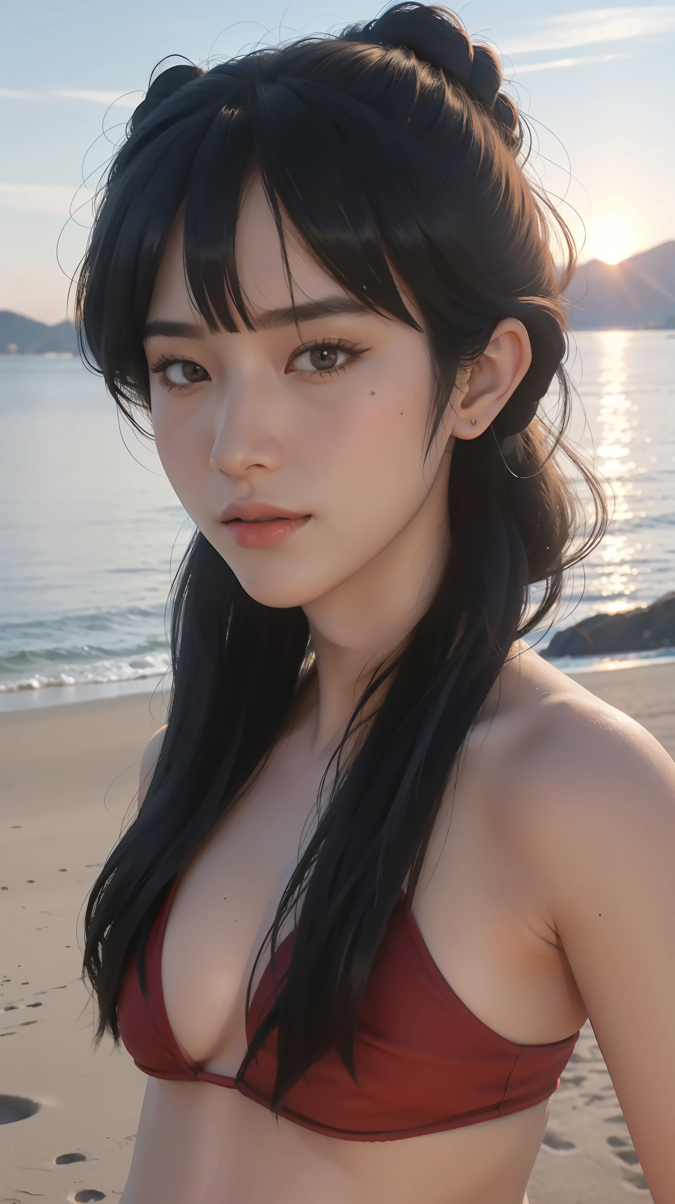 mai, realism, masterpiece, textured skin, super detail, high detail, high quality, best quality, 1080p, 16k, long black hair, red bikini, standing on a beach, sunset background, sunshine on face, serious face, (((extreme closeup portrait))), smiling, medium breasts