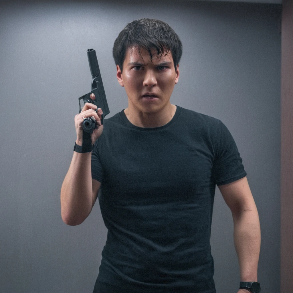 cinematic film still of  In the 1980's In Hong Kong China a man wearing black t-shirt with a bloody face standing in a room aiming a black hand gun at camera while screaming in anger,solo,looking at viewer,brown hair,1boy,holding,weapon,male focus,holding weapon,gun,handgun,science fiction,realistic,aiming at viewer,cyberpunk,Asian,cinematic,action-themed,violence,aim,aiming,pointing,Kodak,Film style,movie style,film grain,film contrast,action packed,serious,stunt,Hong Kong action cinema style,Asian,cinematic,action-themed,violence,aim,aiming,pointing,Kodak,Film style,movie style,film grain,film contrast,action packed,serious,stunt,Hong Kong action cinema style, shallow depth of field, vignette, highly detailed, high budget, bokeh, cinemascope, moody, epic, gorgeous, film grain, grainy