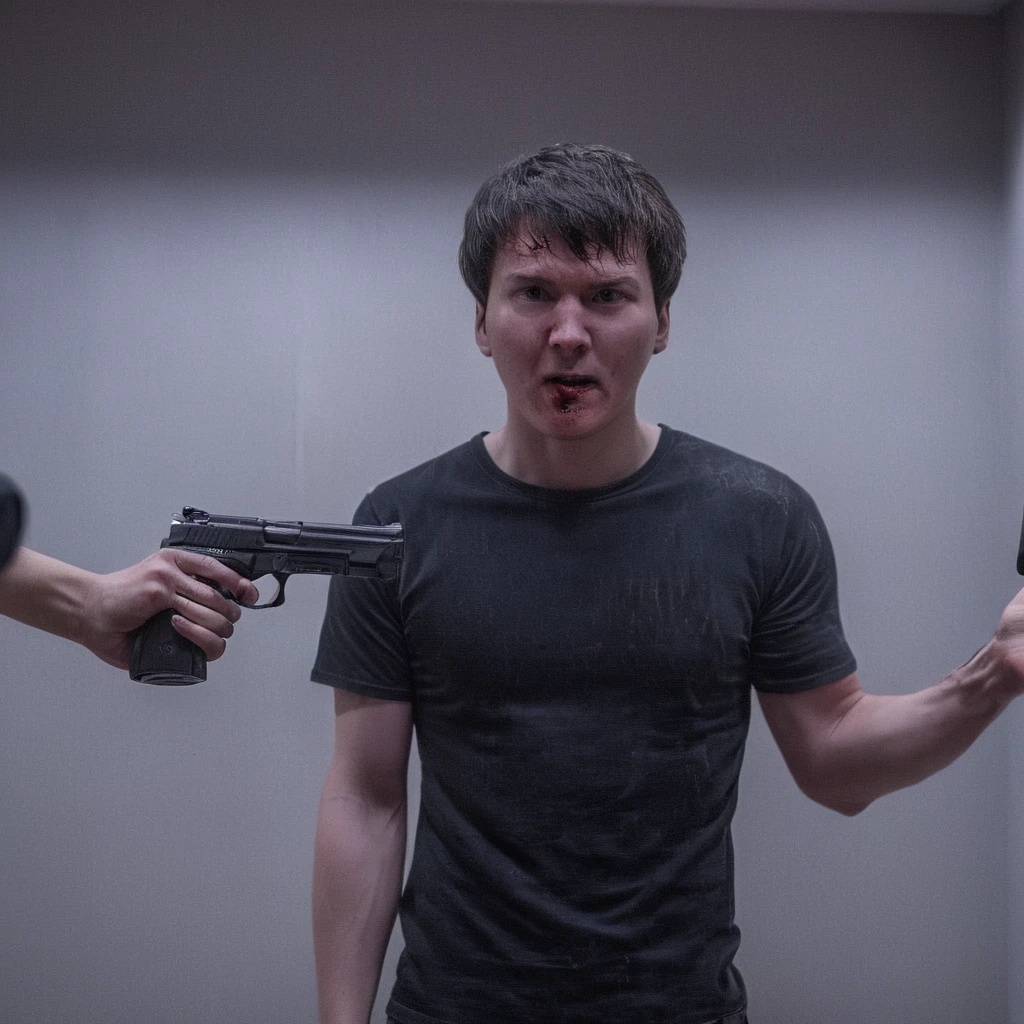 cinematic film still of  In the 1980's In Hong Kong China a man wearing black t-shirt with a bloody face standing in a room aiming a black hand gun at camera while screaming in anger,solo,looking at viewer,brown hair,1boy,holding,weapon,male focus,holding weapon,gun,handgun,science fiction,realistic,aiming at viewer,cyberpunk,Asian,cinematic,action-themed,violence,aim,aiming,pointing,Kodak,Film style,movie style,film grain,film contrast,action packed,serious,stunt,Hong Kong action cinema style,Asian,cinematic,action-themed,violence,aim,aiming,pointing,Kodak,Film style,movie style,film grain,film contrast,action packed,serious,stunt,Hong Kong action cinema style, shallow depth of field, vignette, highly detailed, high budget, bokeh, cinemascope, moody, epic, gorgeous, film grain, grainy