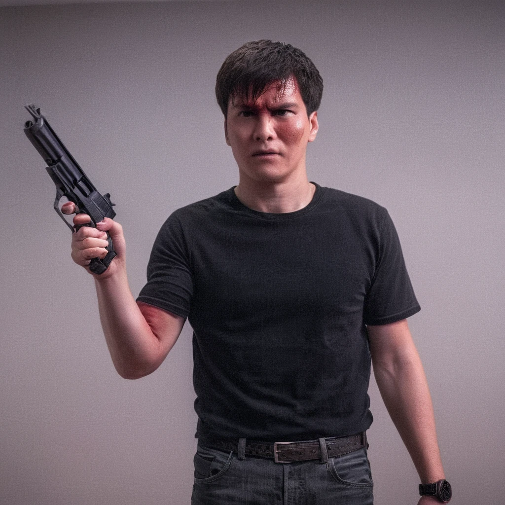 cinematic film still of  In the 1980's In Hong Kong China a man wearing black t-shirt with a bloody face standing in a room aiming a black hand gun at camera while screaming in anger,solo,looking at viewer,brown hair,1boy,holding,weapon,male focus,holding weapon,gun,handgun,science fiction,realistic,aiming at viewer,cyberpunk,Asian,cinematic,action-themed,violence,aim,aiming,pointing,Kodak,Film style,movie style,film grain,film contrast,action packed,serious,stunt,Hong Kong action cinema style,Asian,cinematic,action-themed,violence,aim,aiming,pointing,Kodak,Film style,movie style,film grain,film contrast,action packed,serious,stunt,Hong Kong action cinema style, shallow depth of field, vignette, highly detailed, high budget, bokeh, cinemascope, moody, epic, gorgeous, film grain, grainy