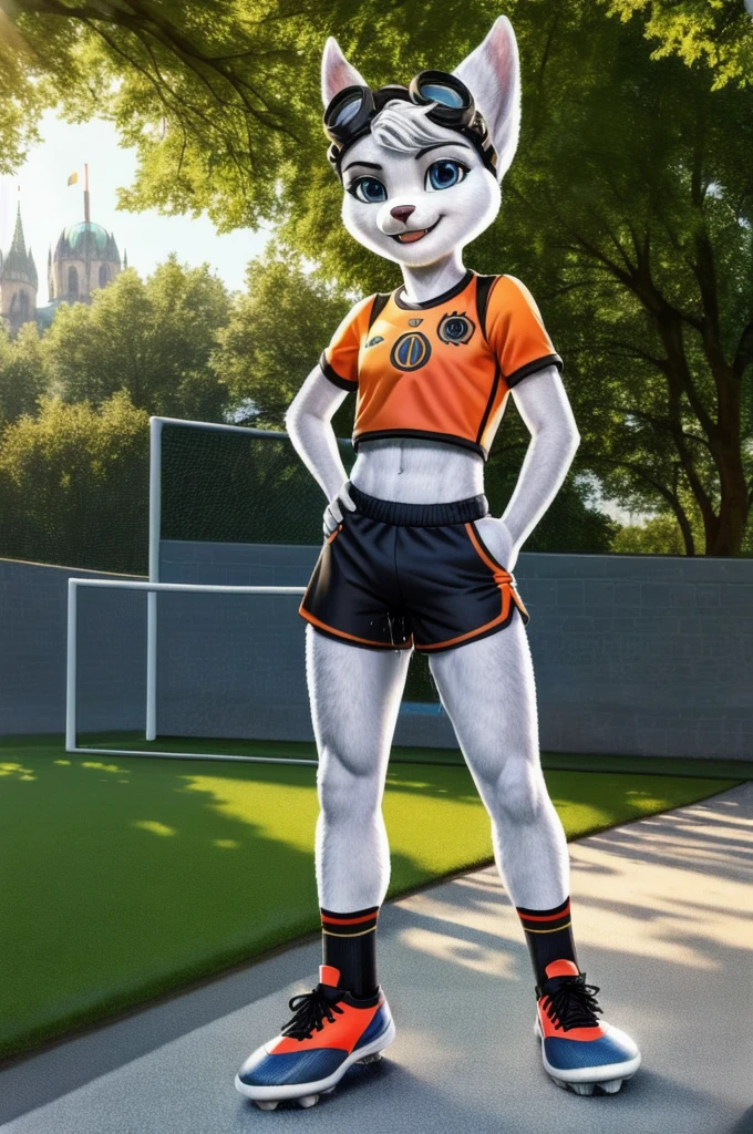 Rivet, tail, furry girl, 1girl, solo, young, ((Germany soccer shorts)), ((Germany soccer shirt)), ((Germany soccer shoes)), standing inside city park, detailed body fur, detailed body, detailed eyes, detailed face, athletic, skinny, high quality, masterpiece, small breasts, goggles, :D, looking at you, full body, (good lighting on crotch), (aroused), (horny), (bedroom eyes), (vaginal juice dripping from crotch)