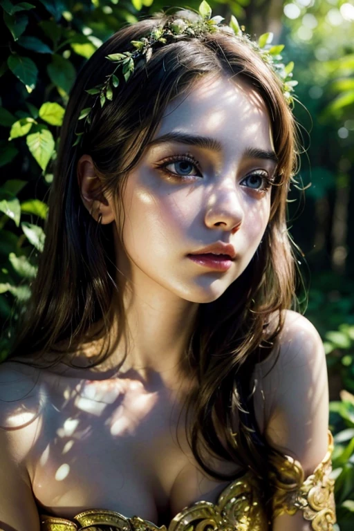 {top-quality}, {{masterpiece}}, {extremely delicate and beautiful},Outstanding light and shadow, highly detailed wallpaper,Clear and bright sunlight,1girl in,no clothes、gaze looking beyond,red blush,Strong sunshine,delicate and messy hair,realistic skin textures, Pronounced pores and skin wrinkles,tropical rainforest,((strong light shines on the face)), full body shot, naked portrait, nude photography, detailed armpit, pussy pubic hair, shiny nipple, blonde hair