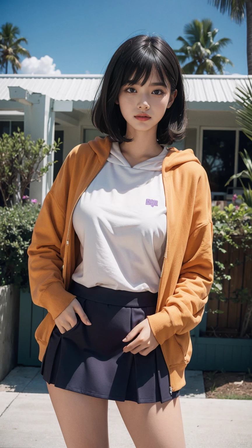 long shot portrait of cute 23 yo girl, (natural big breast) ,wear ((orange color oversized hoodie)), wear ((purple tennis skirt)),looking front,Best Quality,Masterpiece,Ultra High Resolution,(Realisticity:1.4),Original Photo, 1Girl, light leak,ultra high resolution,UHD,beautiful, (black bob hair), almond eye, no makeup, in front of ((80's mondrian architecture motel)), (realistic:1.2), (surreal:1.3),(very detailed:1.1),((masterpiece)),summer, blue sky, palm trees,sunny, los angles vibes,film camera, 800mm lens,style of Philip Lorca diCorcia