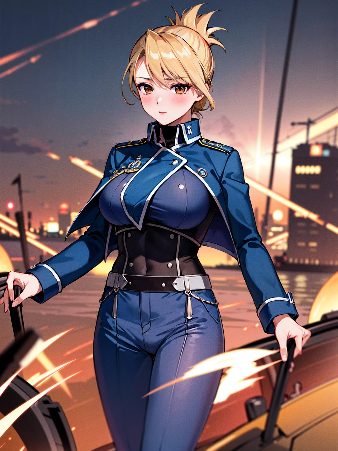 masterpiece, Highest quality, High resolution, One girl, (Blue jacketの下にBlack innerwearシャツ), Folded ponytail, Brown eyes, , uniform, Blue jacket, Blue pants,Invitation , glamorous, ,Big Breasts, Black innerwear, blush