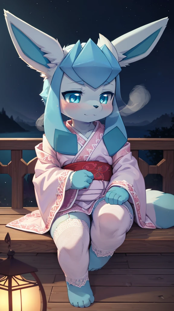 art by dagasi, (toddler:1.5), Uploaded to e621.net, fox boy, (Pixelsketcher), (wamudraws), (masterpiece), (HD), (high res), (feet visible), (furry anthro), (detailed fur), (detailed shading), (beautiful render art), anthro Glaceon, cyan eyes, glowing eyes, neon eyes, glistering eyes,medium breasts, spectral color lace lingerie, (wearing a Kimono, beautiful and detailed light grey kimono), white lace stockings, really dark night, [zero lighting], northern lights in the background, night sky, looking at the viewer with longing, full face blush, heavy breath, shy expression eyes, Glaceon, 