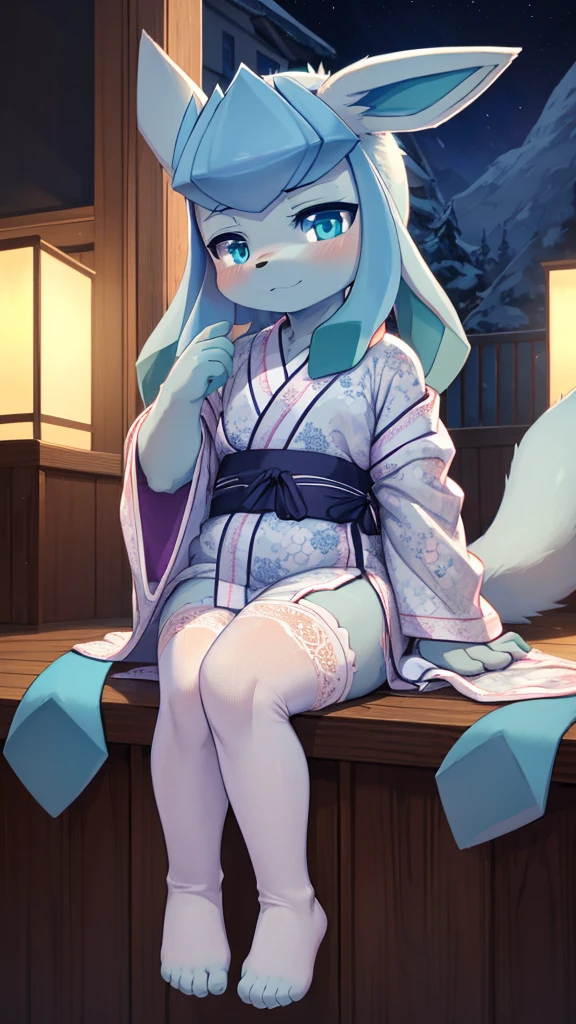 chibi kemono, art by dagasi, (ddler:1.5), beautiful girl, Uploaded to e621.net, fox boy, (Pixelsketcher), (wamudraws), (masterpiece), (HD), (high res), (feet visible), (furry anthro), (detailed fur), (detailed shading), (beautiful render art), anthro Glaceon, cyan eyes, glowing eyes, neon eyes, (toler glaceon), furry, (blue fur), glaceon ears, snout, [(slim figure, flat chest, skinny)], (curvy hips), (beautiful legs), spectral color, (wearing a Kimono, beautiful and detailed light grey kimono), white lace stockings, (really dark night:1.5), [zero lighting], northern lights in the background, looking at the viewer with longing, full face blush, heavy breath, shy expression eyes, Glaceon, opening her legs as a seduction