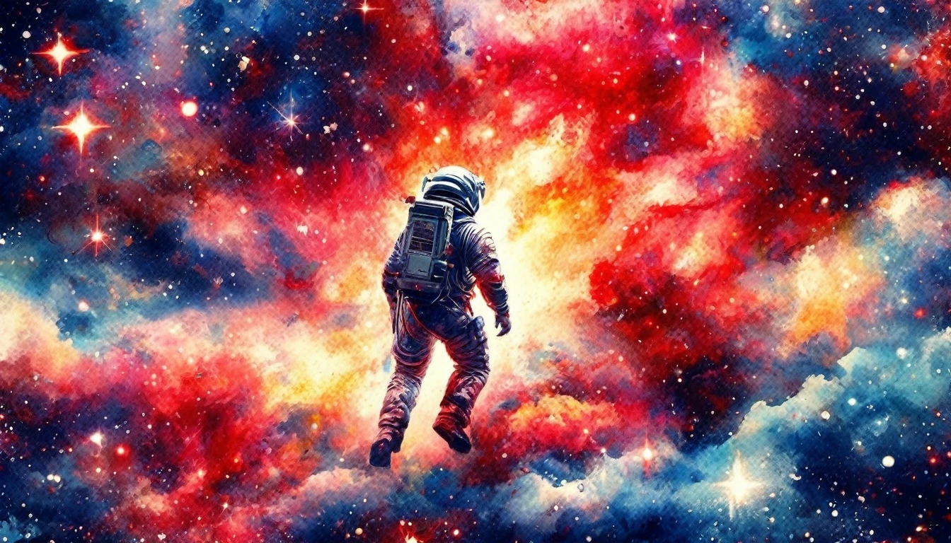 (Japanese water color art, using only red, white and blue: 1.5) Arafed a picture of a astronaut hovering in space, watching endless stars, and far galaxies, vibrant, Ultra-high resolution, High Contrast, masterpiece:1.2, highest quality, Best aesthetics), best details, best quality, highres, ultra wide angle, 16k, [ultra detailed], masterpiece, best quality, (extremely detailed), Cinematic Hollywood Film, star, RagingNebula