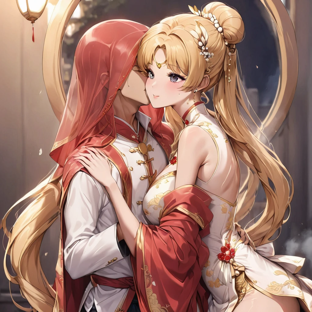 fantastic realism、bokeh dof、ultra-detailliert、Two girls facing each other、Chest and chest、the kiss、Deep kissing、Blonde girl with red head、fullnude、in a house、Narrow storage room、细致背景、holding each other、fullnude