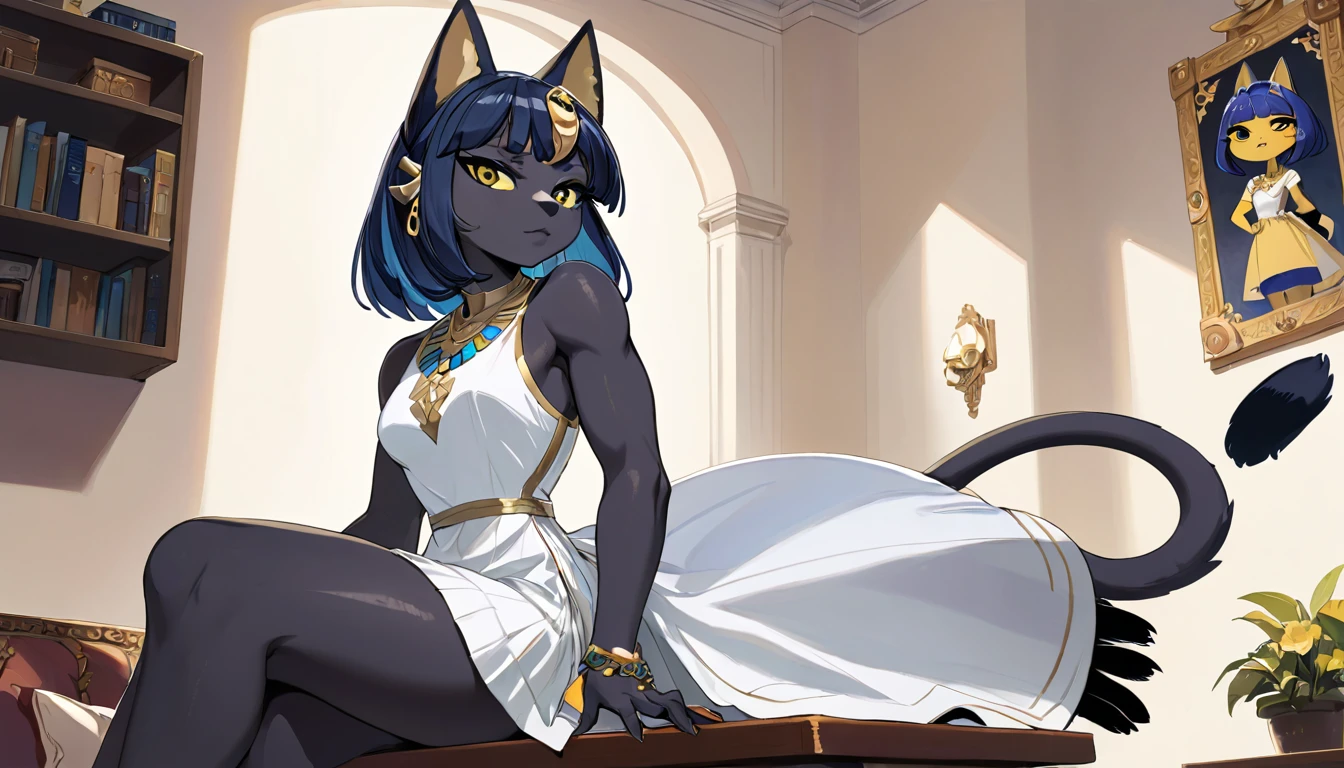 Eye, Animal Crossing Muscle, hairy, Blue Hair, Hair accessories, Yellow skin, 黑Eye, White Dress, Tail, Looking at the audience, Serious, Cross your legs, from_below, His sofa, Inside the living room, Hieroglyphics, high quality, masterpiece, 1 Girl，Cat ears，Dark skin tone，clothing，earrings，Jackal ears，Jewelry，Long hair, White Dress, Sit at your desk, She wrote a heartfelt letter, Her expression is both nostalgic and wistful, Dramatic Lighting, Detailed background, masterpiece, best quality, high quality, absurd, The award-winning, professional, Very detailed