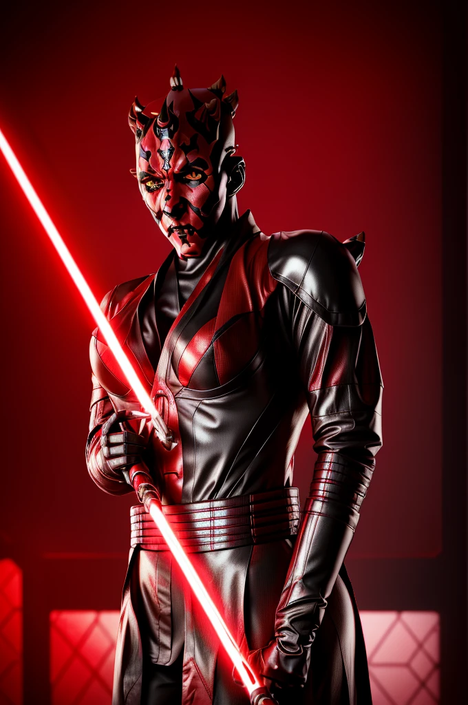 a highly detailed and realistic mecha suit, ((Jessica Nigri as Darth Maul)), flawless red skin, red glowing lights, metallic textures, intricate mechanical details, powerful pose, dramatic lighting, cinematic angle, 8K, photorealistic, hyper detailed, masterpiece