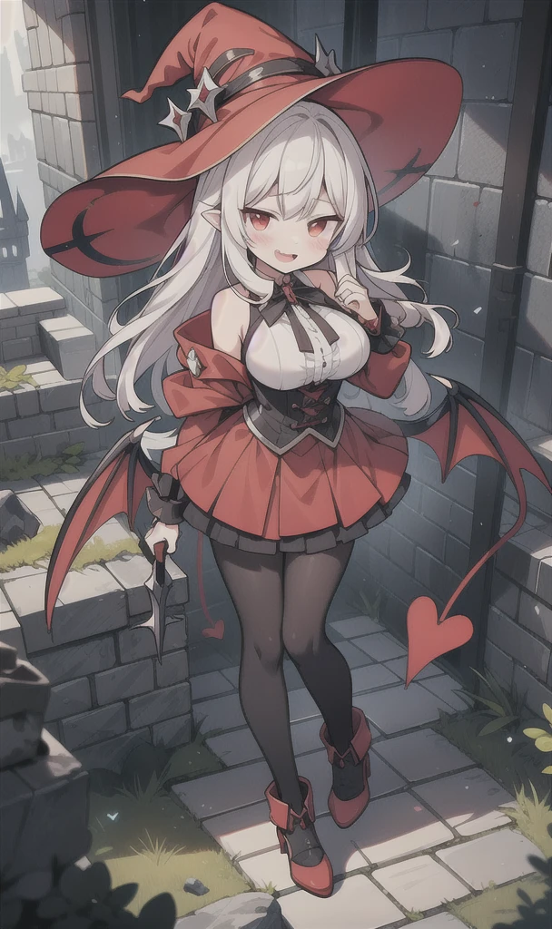 8K,  1girl, solo, adult, sexy vampire, white long hair, blood red eyes, showing fangs, bat wings, smile, (blush), (shy), looking at viewer,  dynamic angle, wind, game cg, fantastic scenery, big breast, show full body, magical girl, dungeons, summon, maho shojo, Gushing Over Magical Girls, white hair, red eyes, witch hat, demon tail