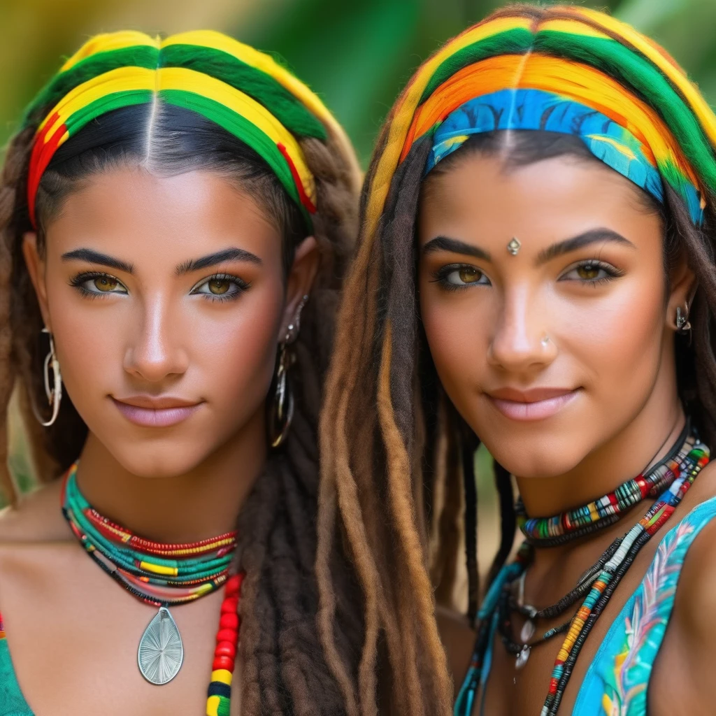 Ultra-realistic and highly detailed photos of Rastafarian women, Colorful costumes, long and disheveled hair, Tattooed hands and body, Fashion pose, Beautiful hazel eyes with detailed symmetry, Gorgeous face with attention to detail, Beach Resort Details, Sharp focus, Perfect lighting, wonderful, Digital SLR, 4K High Resolution. Additional details, Very sharp, Magic, The perfect moment, Natural Skin, pores