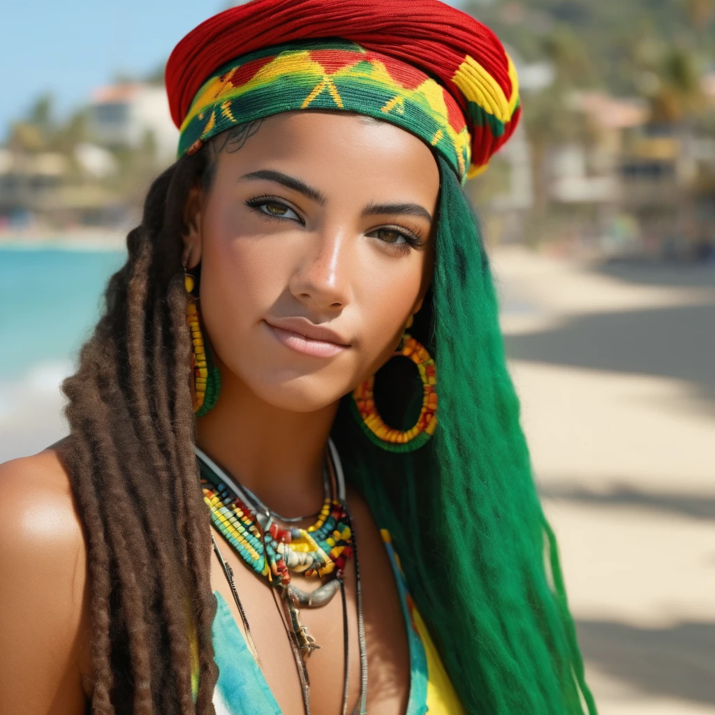 Ultra-realistic and highly detailed photos of Rastafarian women, Colorful costumes, long and disheveled hair, Tattooed hands and body, Fashion pose, Beautiful hazel eyes with detailed symmetry, Gorgeous face with attention to detail, Beach Resort Details, Sharp focus, Perfect lighting, wonderful, Digital SLR, 4K High Resolution. Additional details, Very sharp, Magic, The perfect moment, Natural Skin, pores