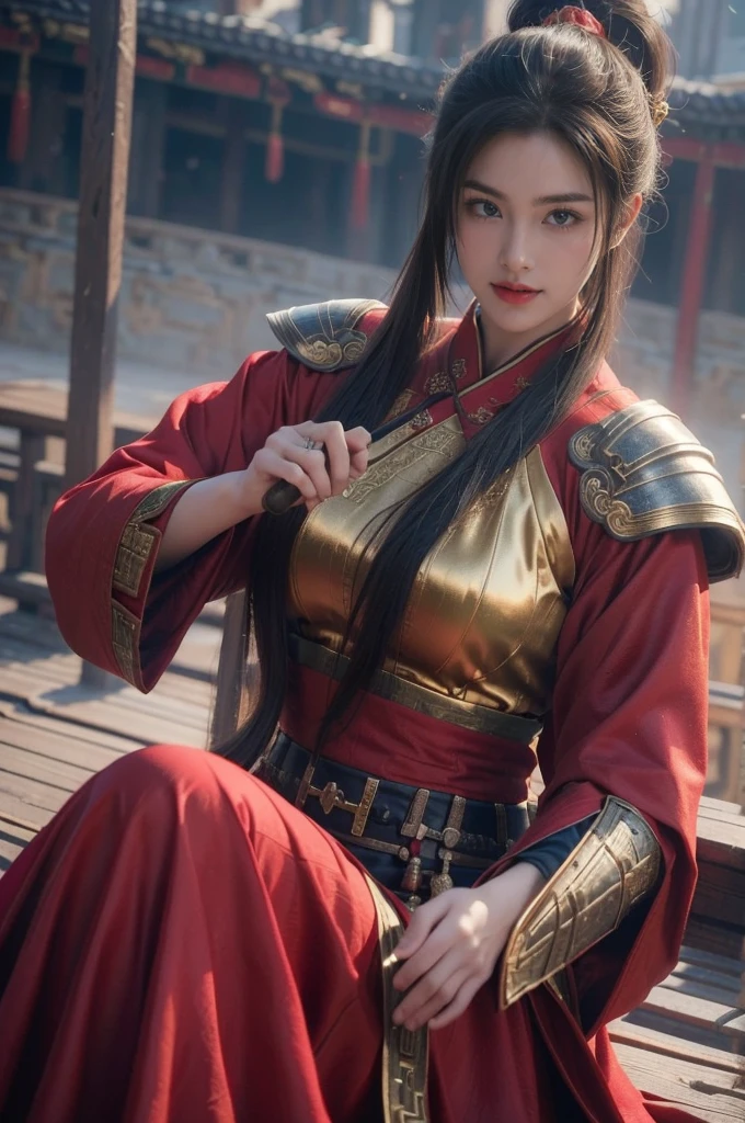 Game Art，Best picture quality，Maximum resolution，8K，(A bust photo)，(bust:1.5)，(Head close-up)，(Rule of Thirds)，Unreal Engine 5 rendering works， (Future Girl)，(Female Warrior)， 
20-year-old girl，(Chinese samurai)，(Short ponytail hairstyle)，Eyes full of details，(Large Breasts)，Elegant and noble，indifferent，(Smile)，
(Costumes with Chinese swordsman elements，figure服饰，armor，The costume is red and gold，Heavy Armor，Joint armor)，(Chinese Hanfu:1.3)，figure，Fantasy style，
Photo poses，Field background，light，Ray Tracing，Game CG，((3D Unreal Engine))，oc rendering reflection pattern