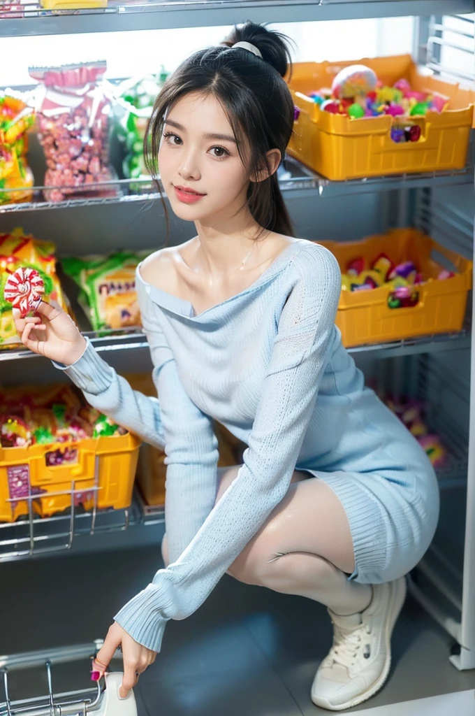 ((((8k))),((Extremely meticulous CG)) ,(wallpaper),16k,((Extremely refined and beautiful))，(((Masterpiece))),(((best qualtiy))),(((Ultra High Resolution))),beautiful light up,Perfect lightning,realistic shaded,[A high resolution],(Smooth and flawless fair skin:1.5),(pale skin:1.3),Extremely exquisite facial details,(perfect body:1.1),ultra-detailed,a girl,solo,small head,(black hair:1.1),(short pony tail:1.3),small face,Exquisite makeup,slim,thin,happy,(Smile:1.2),(small breasts:1.1),flat chest,shoulder off,(light blue sweater dress:1.3),underwear,(see through pantyhose:1.2),(slender legs:1.2),(round hips,sharply hips),(white sneakers:1.2),(day scene:1.5),indoor,(In a spacious supermarket:1.3),(Luxury decoration:1.2),(Surrounded by crowded crowd:1.5),(detailed background:1.5),(The shelves are filled with candies:1.4),squatting,(spread legs apart:1.3),(Shopping Cart:1.2),(full body:1.3),(from front:1.3),(bright light:1.2)