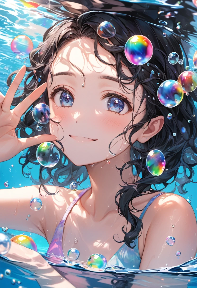 RAW Photos:1.2, masterpiece, Highest quality, 16K, Unbelievably absurd, Very detailed, Perfect beauty, 水中から美しいイルカを一緒にswim、swim with lots of Dolphin,bubble,1 girl,swim,Upper Body, Long, jet-black curly hair, Blunt bangs, Long sideburns, Wet Hair, Vibrant colors, Ultra-realism:1.2, Middle chest, Rainbow bubbles, Turn sideways and jump up into the sea, Water bubbles, Girl looks up, Peace sign pose, A shy smile, Mirror Effect:1.2,Two arms、Five fingers
