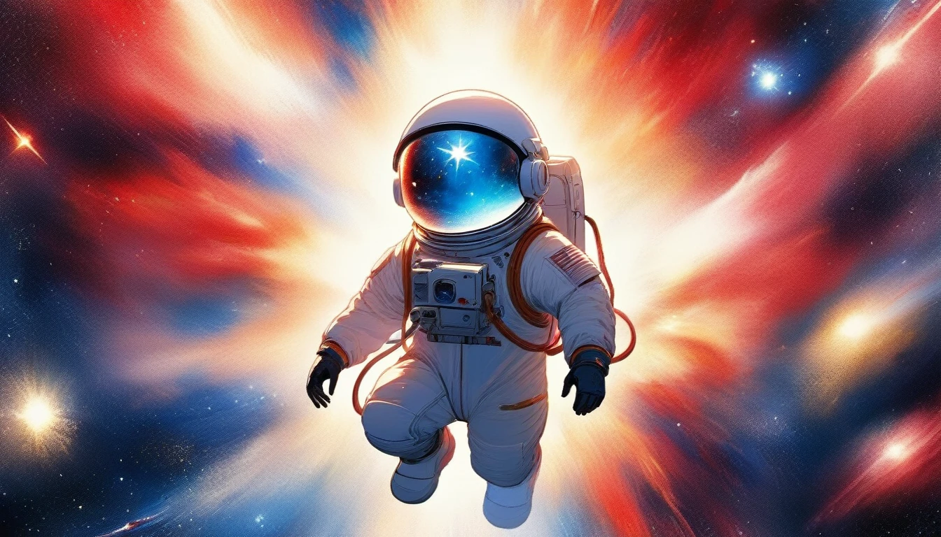 (Japanese water color art, using only red, white and blue: 1.5) Arafed a picture of a astronaut hovering in space, watching endless stars, and far galaxies, vibrant, Ultra-high resolution, High Contrast, masterpiece:1.2, highest quality, Best aesthetics), best details, best quality, highres, ultra wide angle, 16k, [ultra detailed], masterpiece, best quality, (extremely detailed), Cinematic Hollywood Film, star, RagingNebula