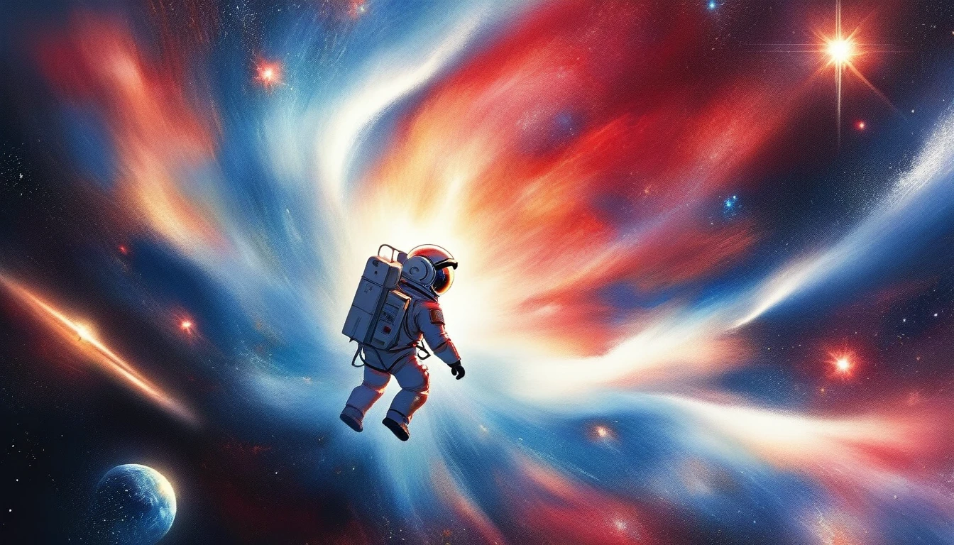 (Japanese water color art, using only red, white and blue: 1.5) Arafed a picture of a astronaut hovering in space, watching endless stars, and far galaxies, vibrant, Ultra-high resolution, High Contrast, masterpiece:1.2, highest quality, Best aesthetics), best details, best quality, highres, ultra wide angle, 16k, [ultra detailed], masterpiece, best quality, (extremely detailed), Cinematic Hollywood Film, star, RagingNebula