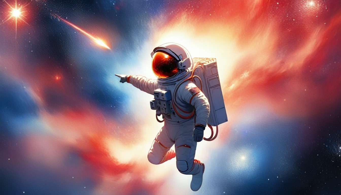 (Japanese water color art, using only red, white and blue: 1.5) Arafed a picture of a astronaut hovering in space, watching endless stars, and far galaxies, vibrant, Ultra-high resolution, High Contrast, masterpiece:1.2, highest quality, Best aesthetics), best details, best quality, highres, ultra wide angle, 16k, [ultra detailed], masterpiece, best quality, (extremely detailed), Cinematic Hollywood Film, star, RagingNebula