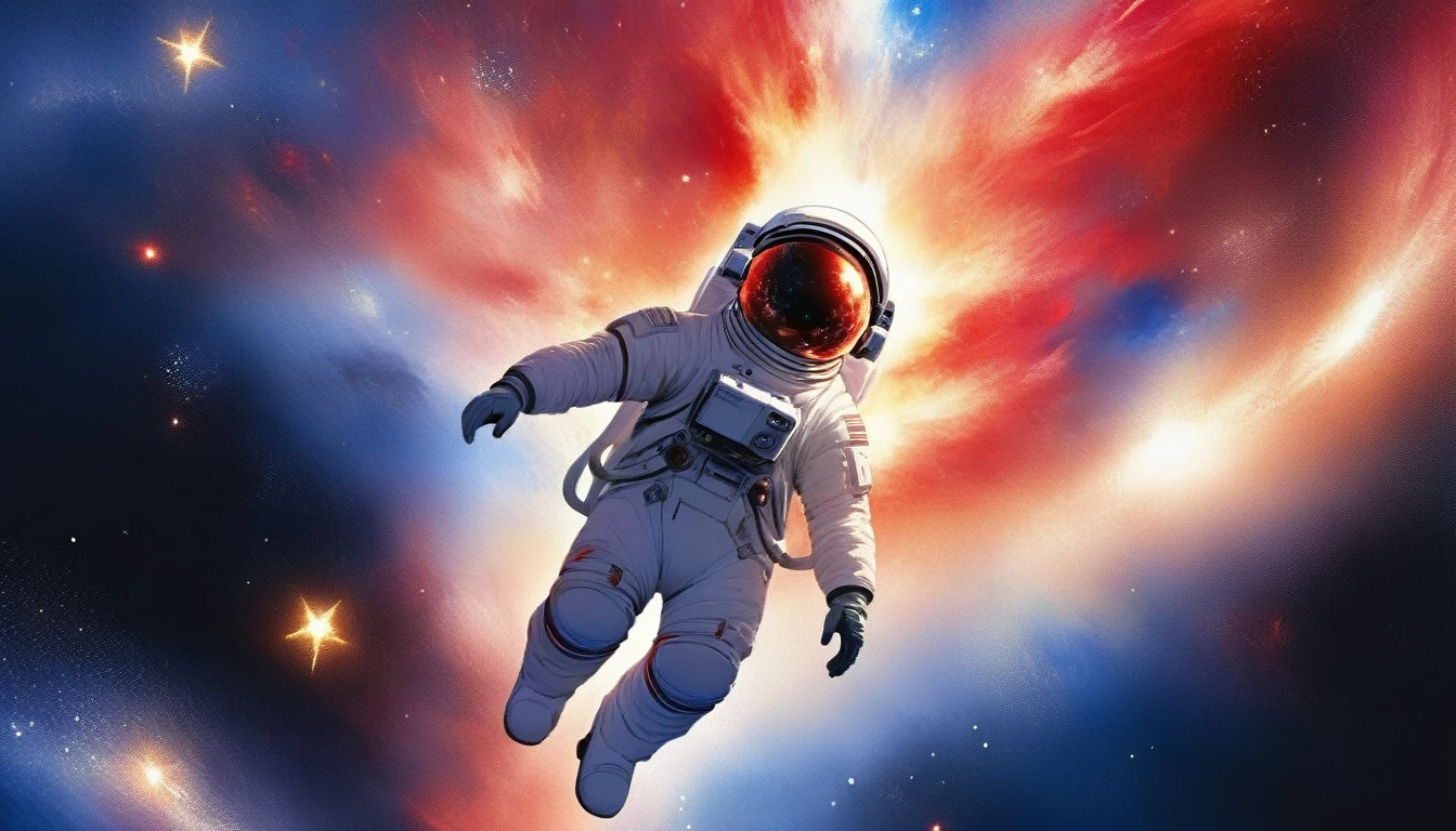 (Japanese water color art, using only red, white and blue: 1.5) Arafed a picture of a astronaut hovering in space, watching endless stars, and far galaxies, vibrant, Ultra-high resolution, High Contrast, masterpiece:1.2, highest quality, Best aesthetics), best details, best quality, highres, ultra wide angle, 16k, [ultra detailed], masterpiece, best quality, (extremely detailed), Cinematic Hollywood Film, star, RagingNebula