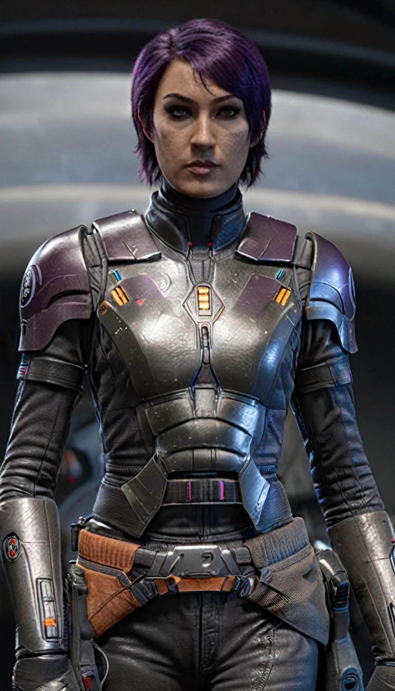 professional 3d model Cinematic scene, sabine wren, SILVER armor (HUGE BREASTS), Ghost in the Shell, detailed background, masterpiece, best quality, high quality, highres, absurdres . octane render, highly detailed, volumetric, dramatic lighting