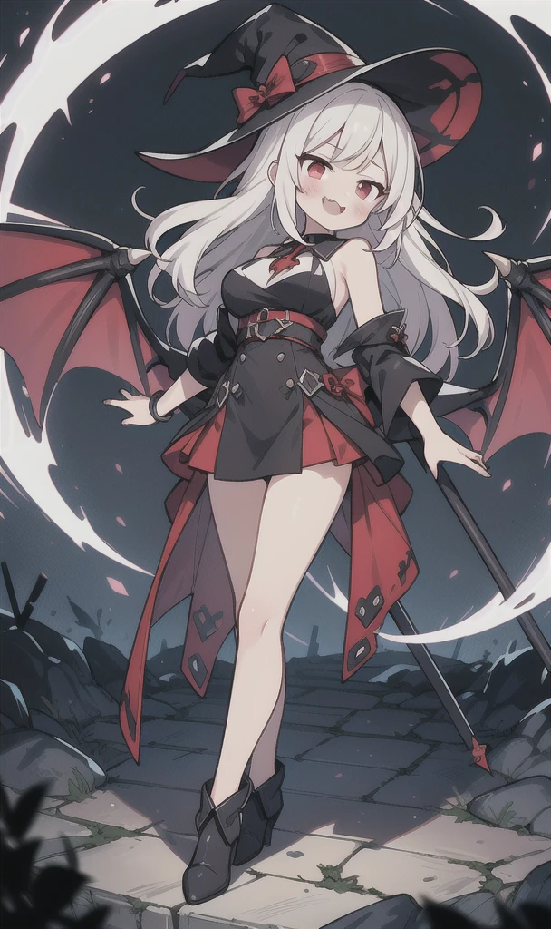 8K,  1girl, solo, adult, sexy vampire, white long hair, blood red eyes, showing fangs, bat wings, smile, (blush), (shy), looking at viewer,  dynamic angle, wind, game cg, fantastic scenery, big breast, show full body, magical girl, dungeons, summon, maho shojo, Gushing Over Magical Girls, white hair, red eyes, black witch hat, demon tail