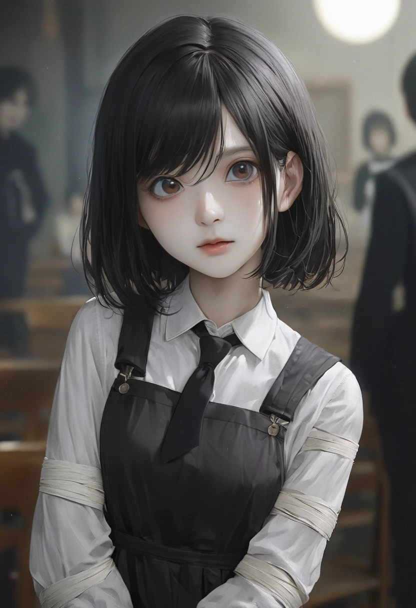 detailed face, cute face, ((masterpiece, Highest quality)), (One girl), (alone), (Focus on women), night (Chainsaw Man),(Highly detailed face, The real picture, Realistic white skin, Realistic body, Intricate details), Upper Body, Severe , Brown eyes, Looking at the audience, bandage over the body, Black Hair, Long sleeve shirt, Pinafore dress, Black tie, bandage, bandage, Small breasts
