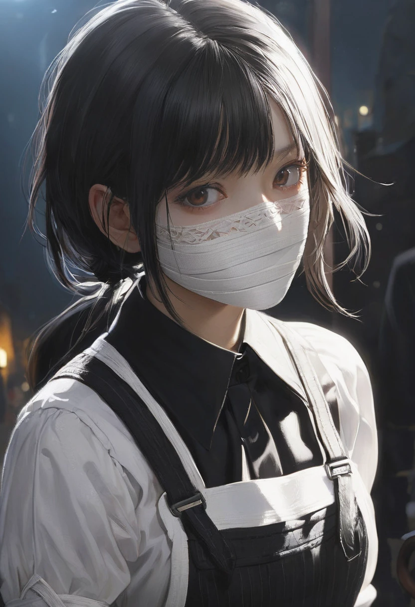 detailed face, cute face, ((masterpiece, Highest quality)), (One girl), (alone), (Focus on women), night (Chainsaw Man),(Highly detailed face, The real picture, Realistic white skin, Realistic body, Intricate details), Upper Body, Severe , Brown eyes, Looking at the audience, bandage over the body, Black Hair, Long sleeve shirt, Pinafore dress, Black tie, bandage, bandage, Small breasts