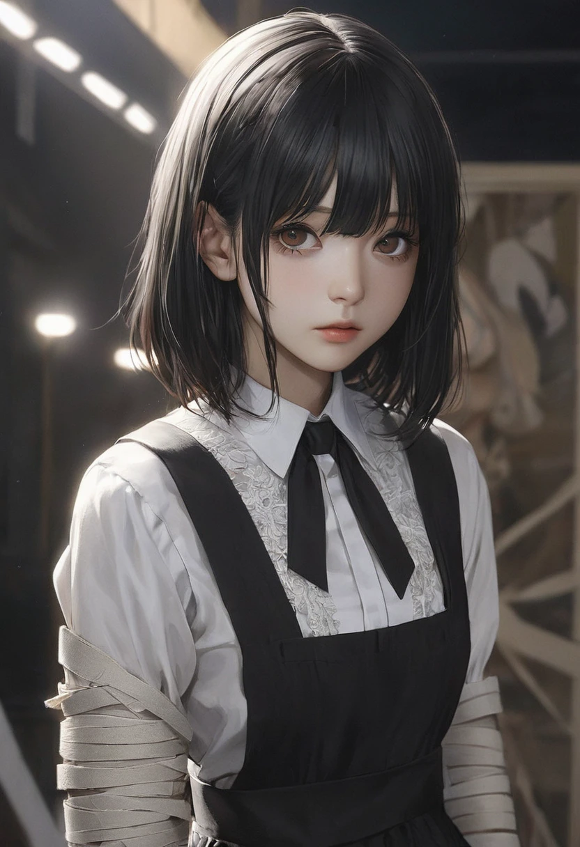 detailed face, cute face, ((masterpiece, Highest quality)), (One girl), (alone), (Focus on women), night (Chainsaw Man),(Highly detailed face, The real picture, Realistic white skin, Realistic body, Intricate details), Upper Body, Severe , Brown eyes, Looking at the audience, bandage over the body, Black Hair, Long sleeve shirt, Pinafore dress, Black tie, bandage, bandage, Small breasts