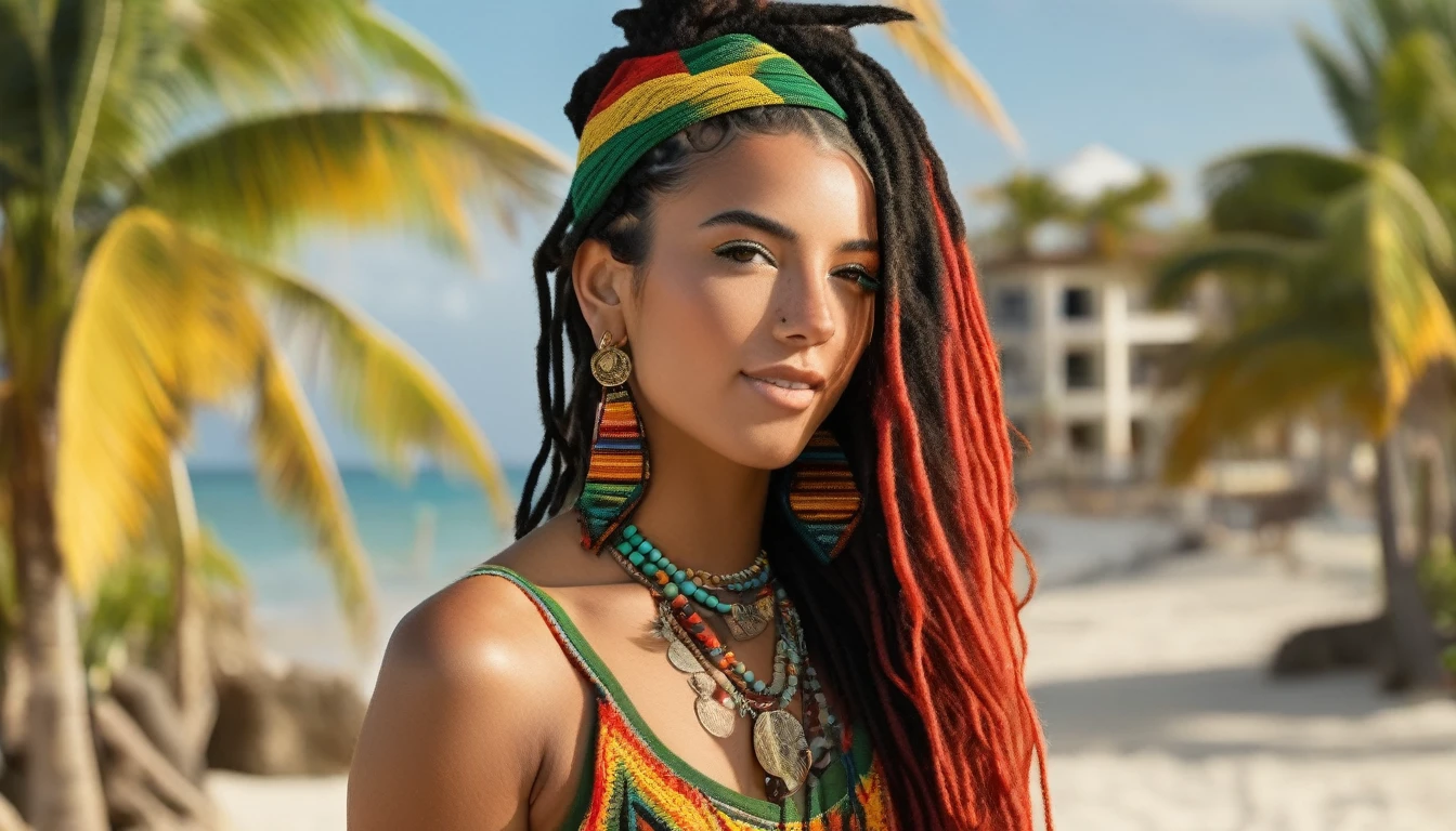 Ultra-realistic and highly detailed photos of Rastafarian women, Colorful costumes, long and disheveled hair, Tattooed hands and body, Fashion pose, Beautiful hazel eyes with detailed symmetry, Gorgeous face with attention to detail, Beach Resort Details, Sharp focus, Perfect lighting, wonderful, Digital SLR, 4K High Resolution. Additional details, Very sharp, Magic, The perfect moment, Natural Skin, pores