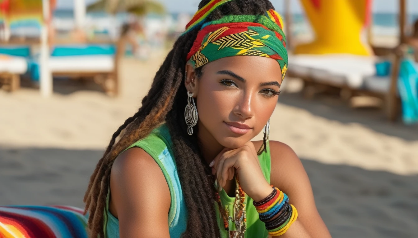 Ultra-realistic and highly detailed photos of Rastafarian women, Colorful costumes, long and disheveled hair, Tattooed hands and body, Fashion pose, Beautiful hazel eyes with detailed symmetry, Gorgeous face with attention to detail, Beach Resort Details, Sharp focus, Perfect lighting, wonderful, Digital SLR, 4K High Resolution. Additional details, Very sharp, Magic, The perfect moment, Natural Skin, pores