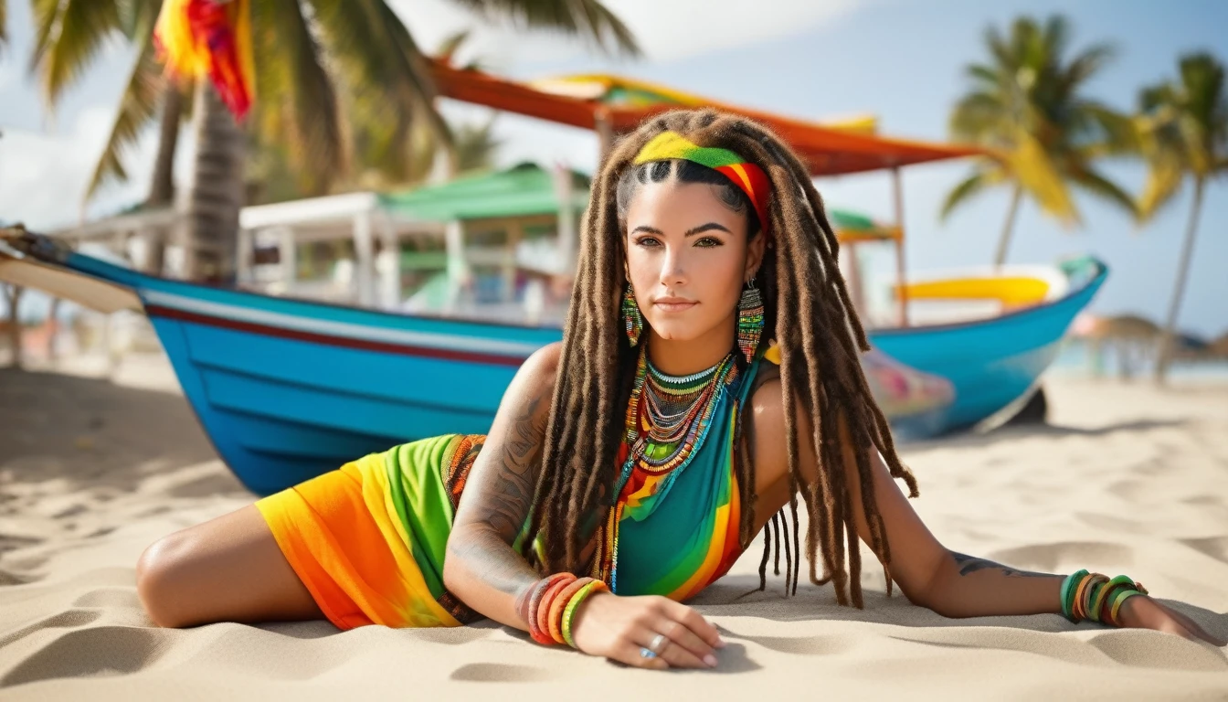 Ultra-realistic and highly detailed photos of Rastafarian women, Colorful costumes, long and disheveled hair, Tattooed hands and body, Fashion pose, Beautiful hazel eyes with detailed symmetry, Gorgeous face with attention to detail, Beach Resort Details, Sharp focus, Perfect lighting, wonderful, Digital SLR, 4K High Resolution. Additional details, Very sharp, Magic, The perfect moment, Natural Skin, pores