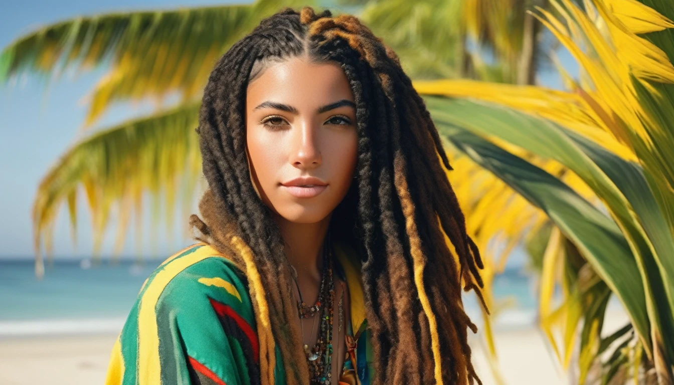 Ultra-realistic and highly detailed photos of Rastafarian women, Colorful costumes, long and disheveled hair, Tattooed hands and body, Fashion pose, Beautiful hazel eyes with detailed symmetry, Gorgeous face with attention to detail, Beach Resort Details, Sharp focus, Perfect lighting, wonderful, Digital SLR, 4K High Resolution. Additional details, Very sharp, Magic, The perfect moment, Natural Skin, pores