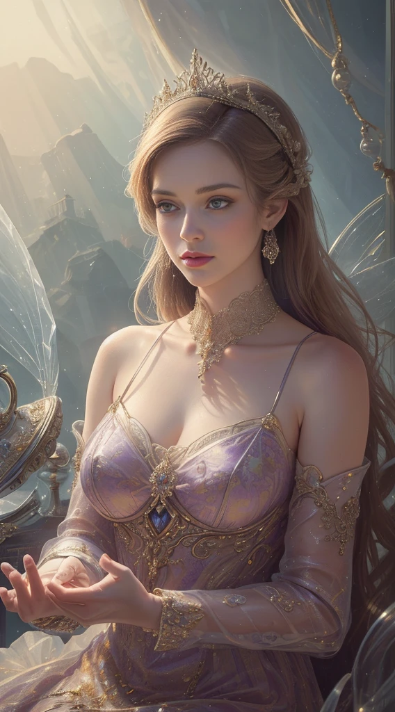 (Best quality,8K,A high resolution,Masterpiece:1.2),Ultra-detailed,(Realistic,Photorealistic,photo-realistic:1.37),Portrait,Creative style artwork,Historical,classical,Sophisticated,plethora of colors,Highly detailed,Soft lighting,luxurious environment,detailed gown,Vibrant flowers,detailed jewellery,Ethereal atmosphere,Elegant Pose,Graceful curves,Gold body proportions,Flowing hair,Breathtaking textile patterns,Harsh purple eyes,Delicate floral decoration,A dazzling array of crystal accessories,Mysterious and dreamy atmosphere,Impeccable attention to detail.