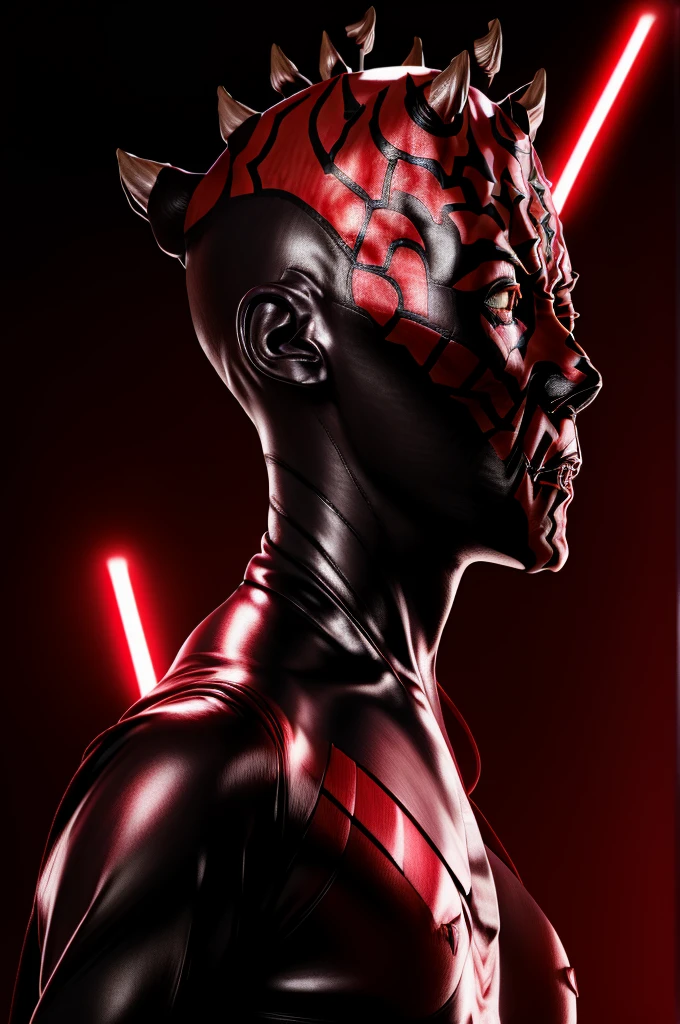 a highly detailed and realistic mecha suit, ((Jessica Nigri as Darth Maul)), flawless red skin, red glowing lights, metallic textures, intricate mechanical details, powerful pose, dramatic lighting, cinematic angle, 8K, photorealistic, hyper detailed, masterpiece
