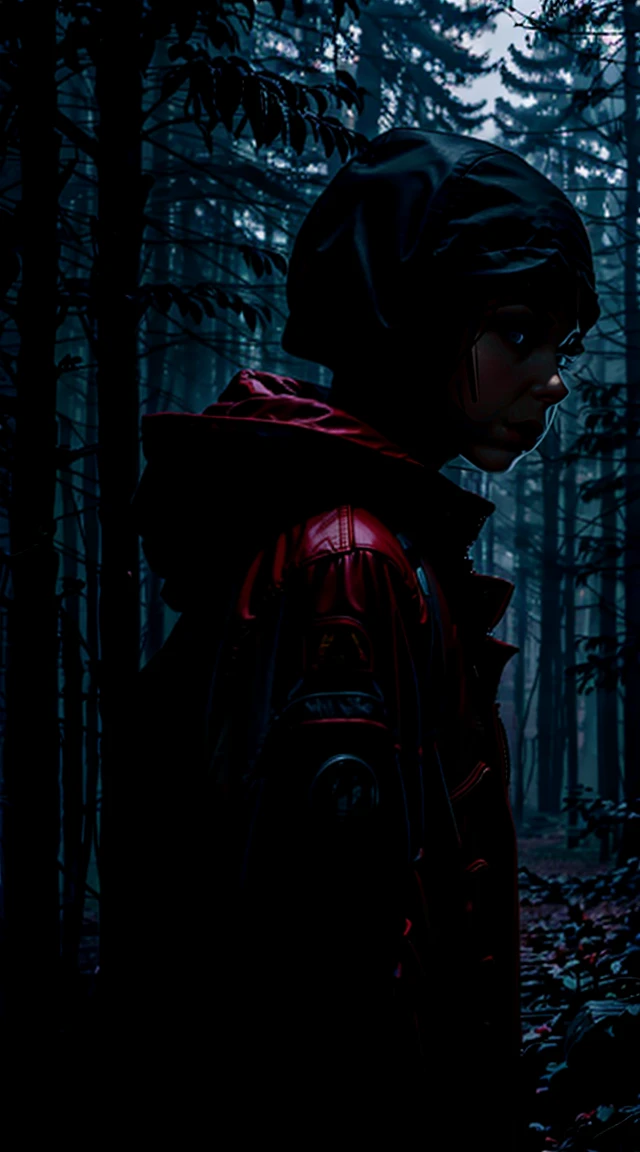 Millie Bobby Brown, mbb, wearing a red jacket and a hood in a dark forrest, horror style, stranger things, netflix,