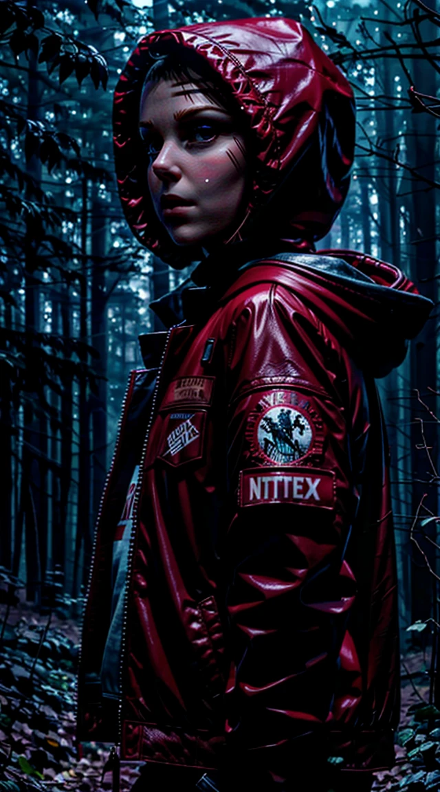 Millie Bobby Brown, mbb, wearing a red jacket and a hood in a dark forrest, horror style, stranger things, netflix,