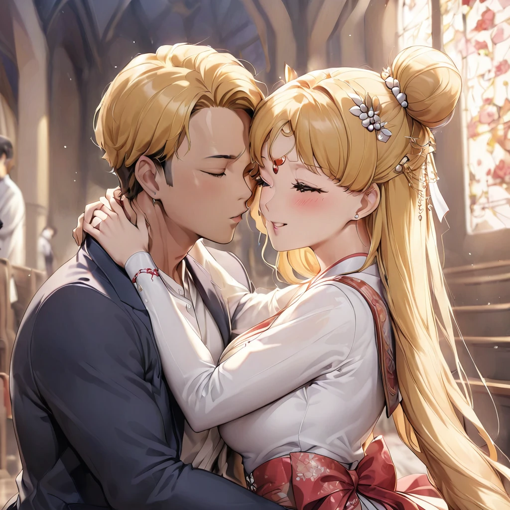 ((Highest quality)), ((masterpiece)), (detailed), (Perfect Face)、The woman is Korean Tsukino Usagi, and in a luxurious Korean mansion, she is wearing a gorgeous and dazzling traditional Korean dress called a hanbok, a gorgeous hair ornament, gorgeous jeweled accessories, and an engagement ring. The woman and the man are sitting on a gorgeous, large sofa in the luxurious room, and the woman is embracing and kissing the dignified and sturdy middle-aged Korean man wearing hanbok, making love to each other.、The woman is the elegant Tsukino Usagi, a Korean woman with long blonde hair in a chignon twin tail, wearing the traditional Korean dress, Chima Chogori.、The man is a dignified, sturdy middle-aged Korean man wearing the traditional Korean dress, Hanbok.