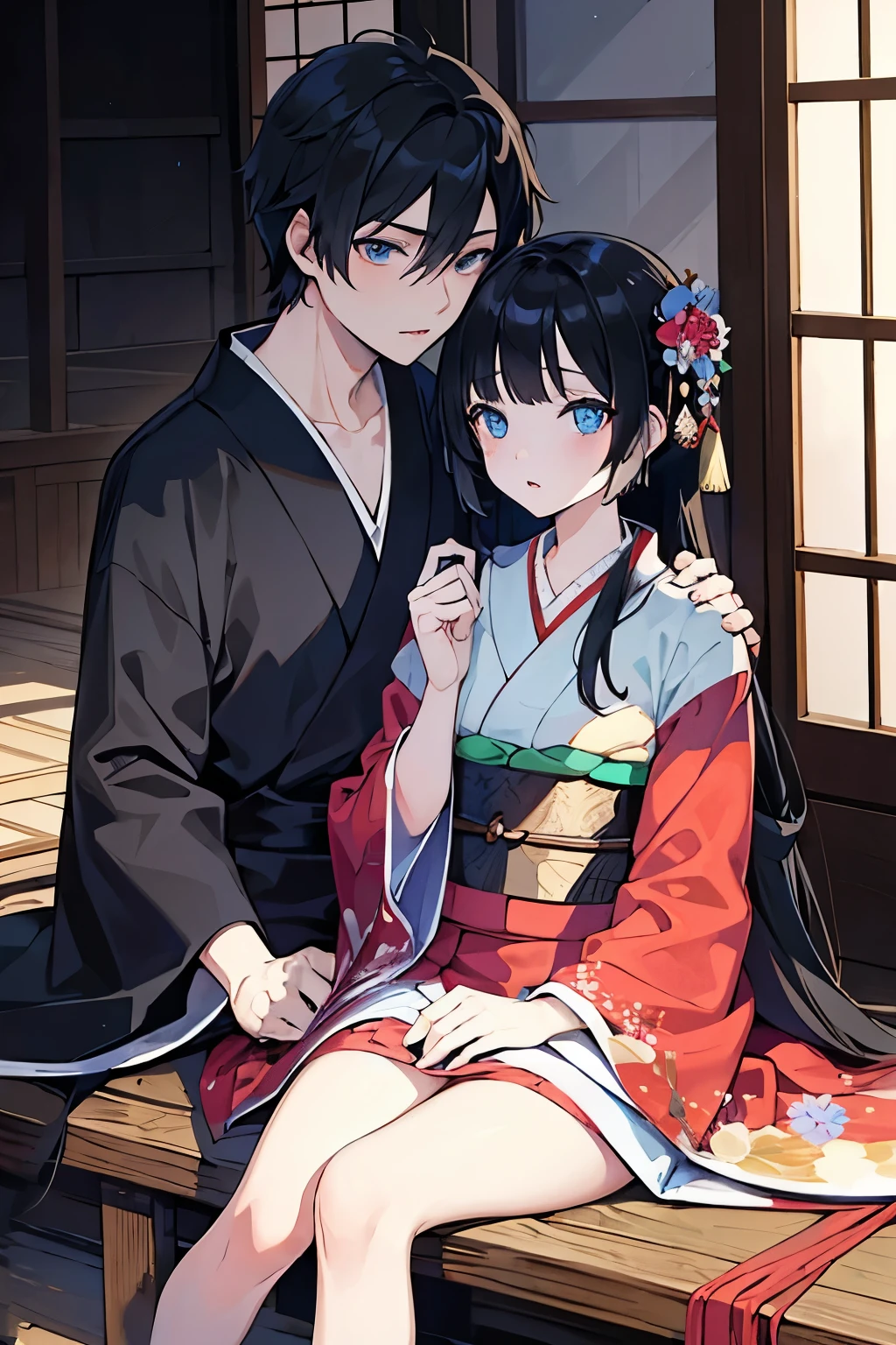 A beautiful 15-year-old princess from the Sengoku period with long black hair Gorgeous embroidery, Ultra glossy, She is wearing a shiny Japanese wedding kimono worn by brides(white without dirt)I am wearing.... On her wedding night, she has intense sex with an older man