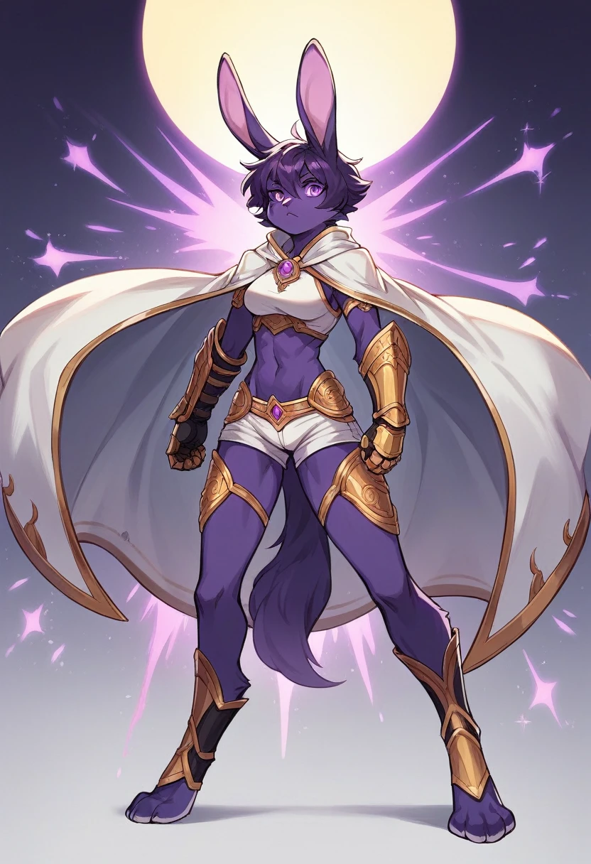 create a picture of a half rabbit character with purple giant rabbit digitigrade legs with white paws, put purple rabbit ears on top of her head, make her wearing a royal looking black cloak with golden accents and black gauntlets with purple lights, put purple fur on her arms from her elbows down, give her short brown hair, make her legs look fluffy and furry, make her look like she’s leaping, make it in an anime style, keep her barefoot, make her nude underneath the cloak, make the gauntlets black, give her purple nipples