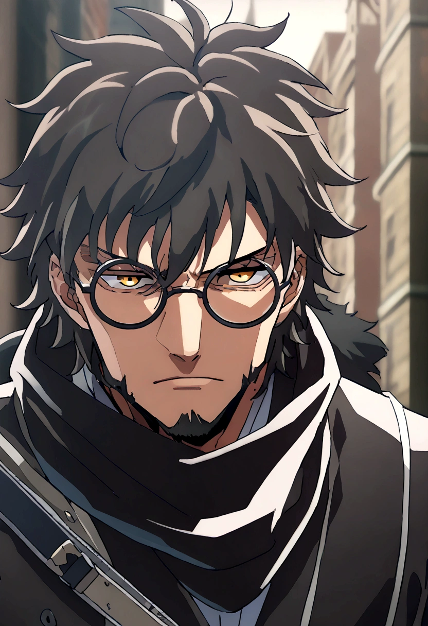 Anime man, beard, serious face, black fluffy messy hair, combat black suit, cool, ((best quality)), black scarf, black waist straps, Fanny pack across shoulder, circle glasses, eye bags