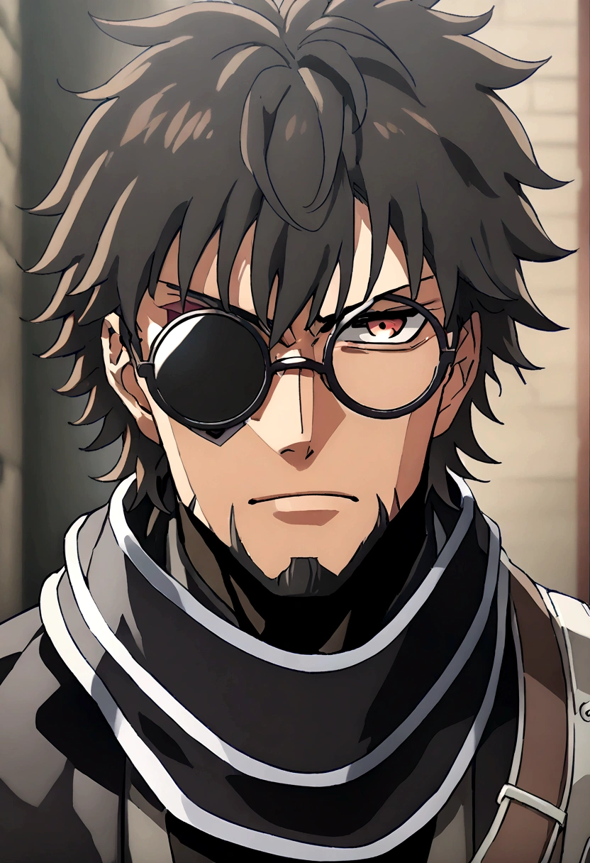 Anime man, beard, serious face, black fluffy messy hair, combat black suit, cool, ((best quality)), black scarf, black waist straps, Fanny pack across shoulder, circle glasses, eye bags