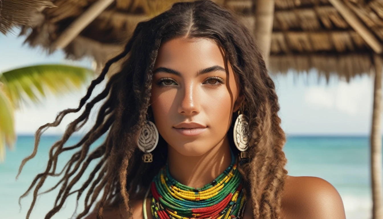 Ultra-realistic and highly detailed photos of Rastafarian women, Colorful costumes, long and disheveled hair, Tattooed hands and body, Fashion pose, Beautiful hazel eyes with detailed symmetry, Gorgeous face with attention to detail, Beach Resort Details, Sharp focus, Perfect lighting, wonderful, Digital SLR, 4K High Resolution. Additional details, Very sharp, Magic, The perfect moment, Natural Skin, pores