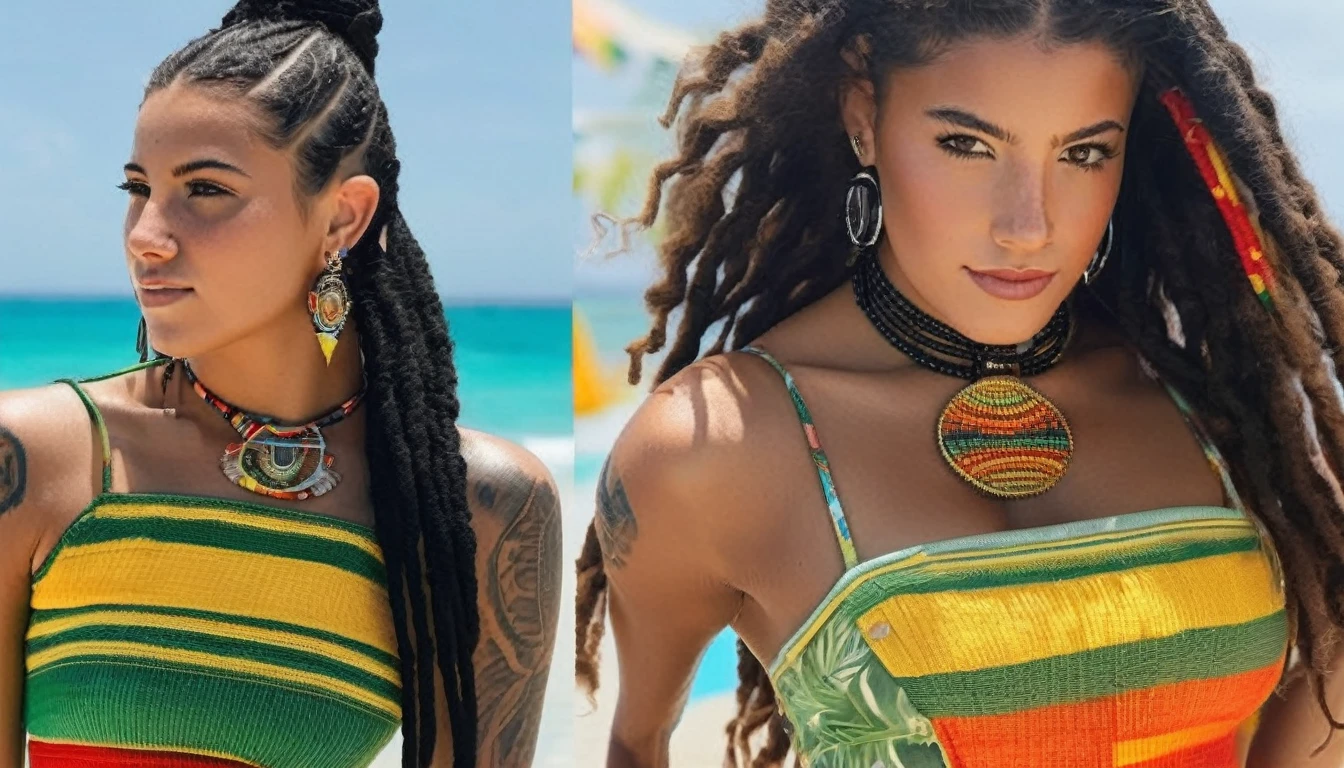 Ultra-realistic and highly detailed photos of Rastafarian women, Colorful costumes, long and disheveled hair, Tattooed hands and body, Fashion pose, Beautiful hazel eyes with detailed symmetry, Gorgeous face with attention to detail, Beach Resort Details, Sharp focus, Perfect lighting, wonderful, Digital SLR, 4K High Resolution. Additional details, Very sharp, Magic, The perfect moment, Natural Skin, pores