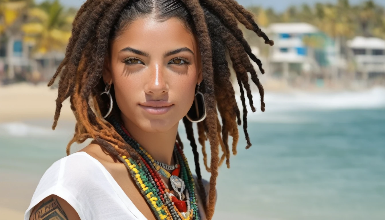 Ultra-realistic and highly detailed photos of Rastafarian women, Colorful costumes, long and disheveled hair, Tattooed hands and body, Fashion pose, Beautiful hazel eyes with detailed symmetry, Gorgeous face with attention to detail, Beach Resort Details, Sharp focus, Perfect lighting, wonderful, Digital SLR, 4K High Resolution. Additional details, Very sharp, Magic, The perfect moment, Natural Skin, pores